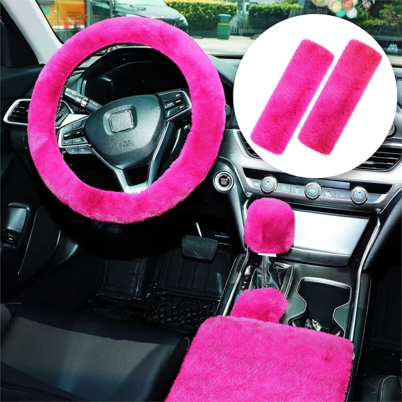 Car Interior Covers Set - 6 Pieces - Fluffy Rose Red, Short Hair - Picture 4 of 7